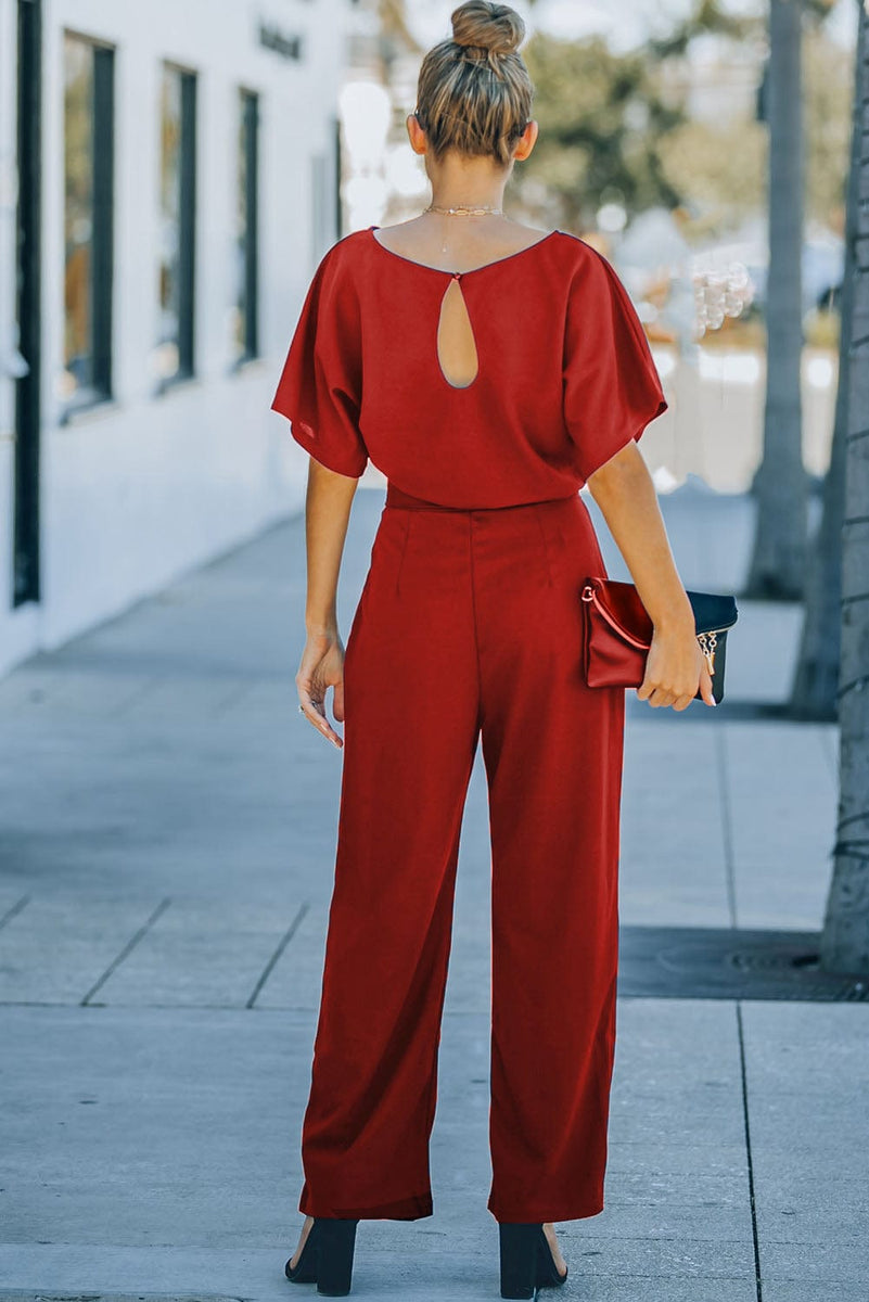 Solid Five-Point Sleeve Belted Wide-Leg Jumpsuit, by MsDressly