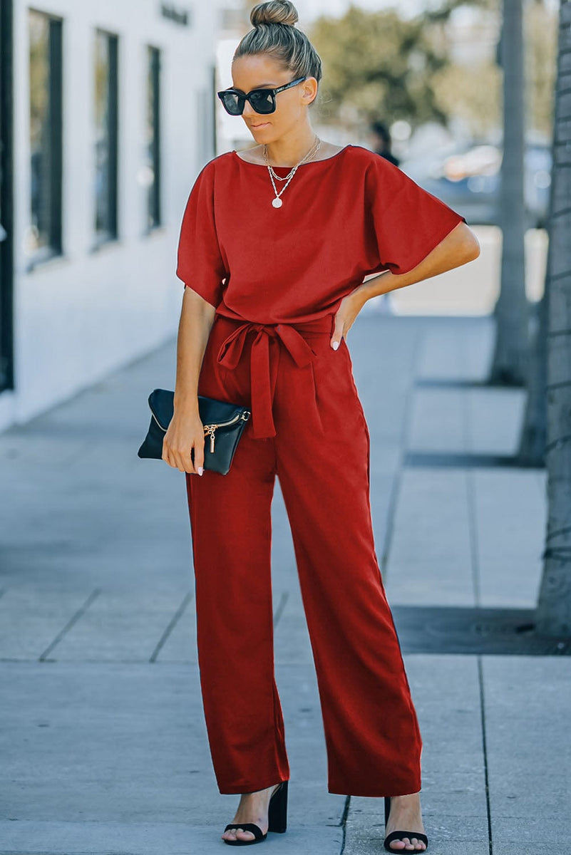 Solid Five-Point Sleeve Belted Wide-Leg Jumpsuit, by MsDressly