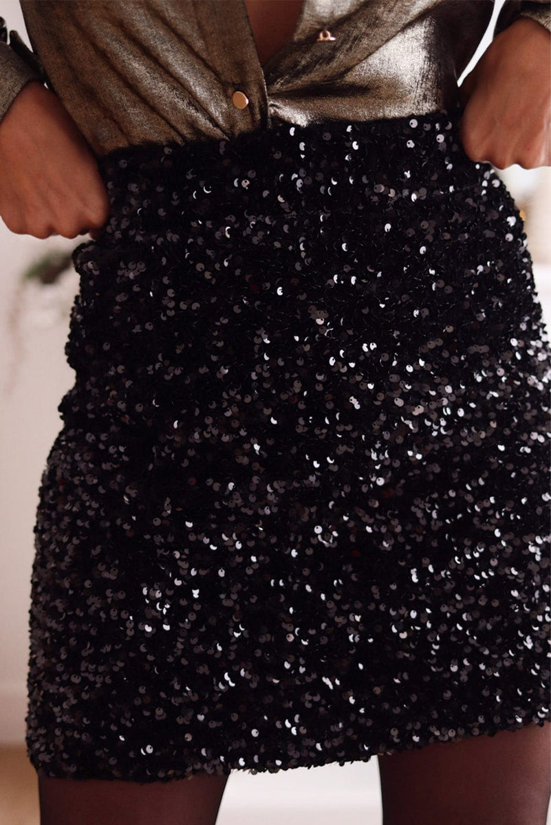 Sparkling Black Sequin High Waist Mini Skirt, by MsDressly